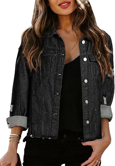 Sidefeel Women's Denim Jacket Long Sleeve Button Distressed Ripped Zimbaplatinum Jean Coat | Amazon (US)