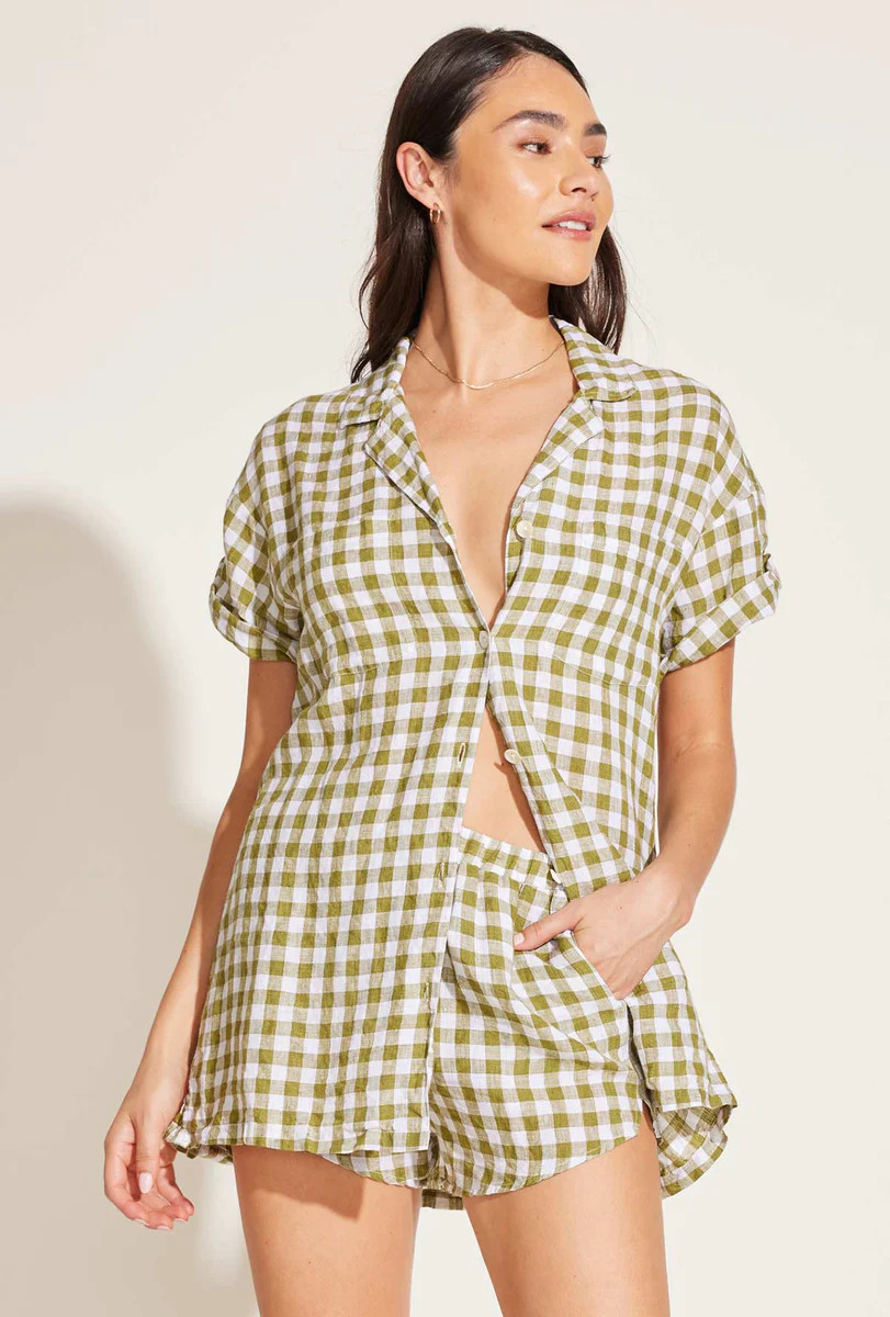 Vitamin A Tallows Linen Short Avocado Gingham EcoLinen | Vitamin A Swim