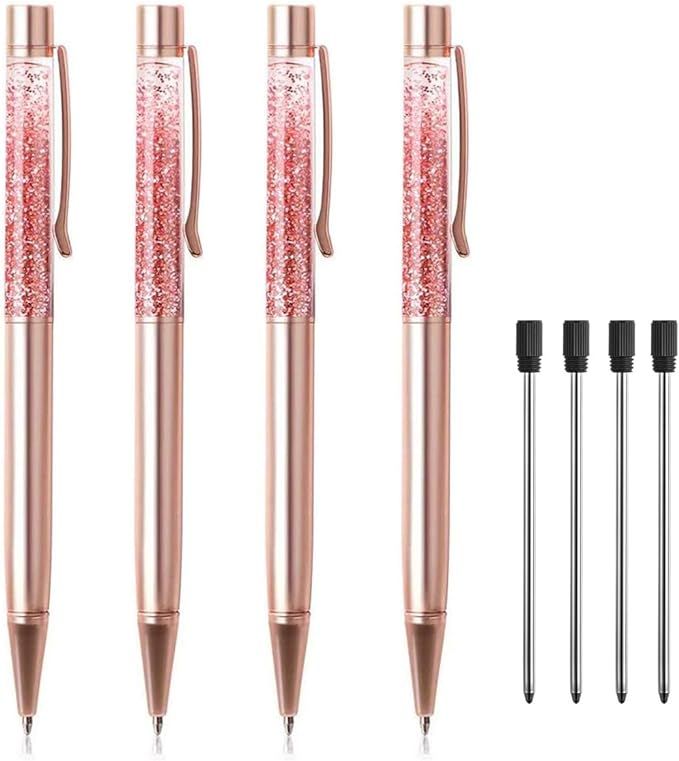 PASISIBICK Ballpoint Pens, 4 Pcs Rose Gold Metal Pen with Boxes and Refills Bling Dynamic Liquid ... | Amazon (US)