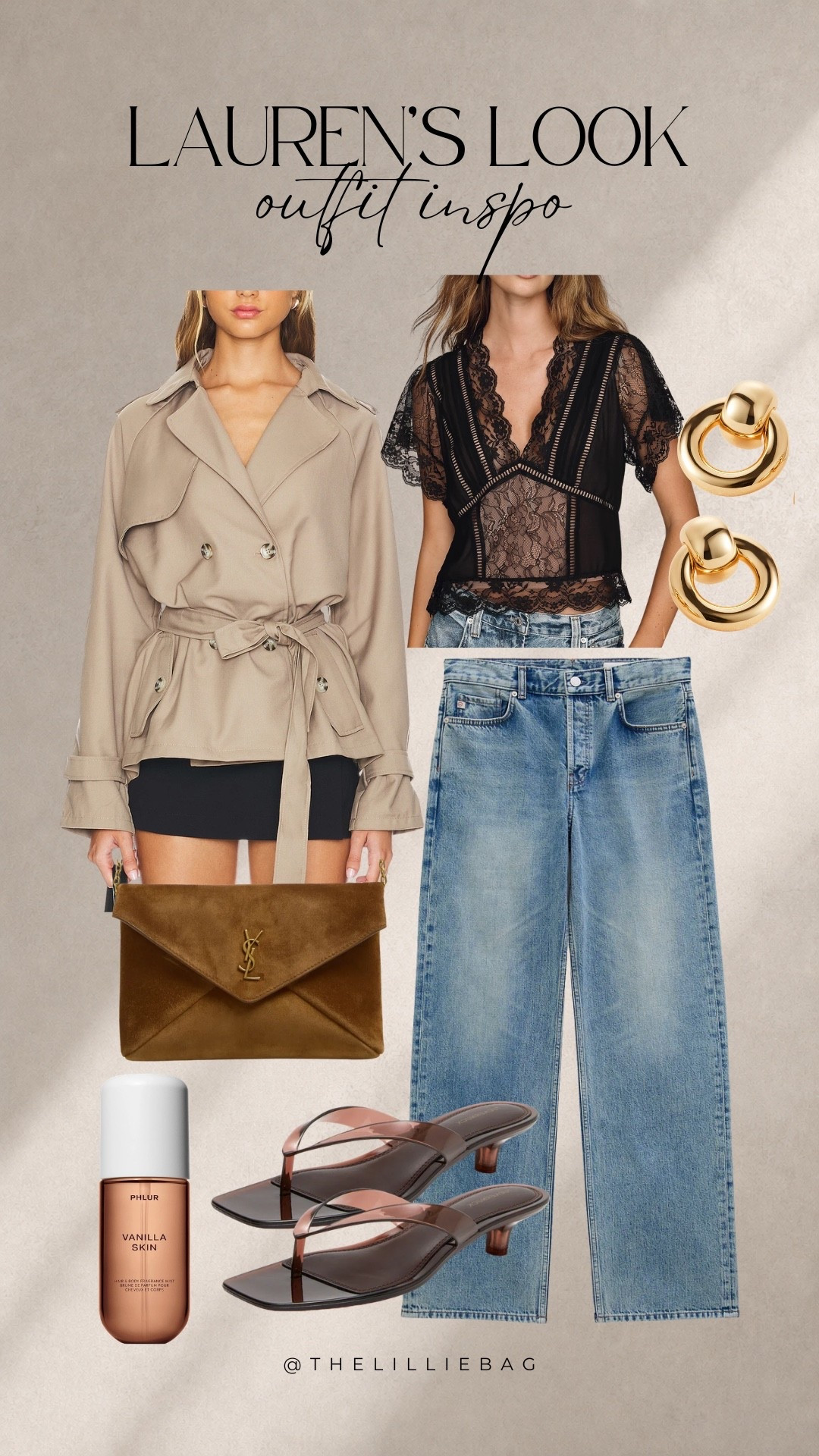 ✨This outfit is the perfect mix of feminine and edgy. The lace top with relaxed jeans, chocolate kitten heels, and the prettiest suede clutch is such a chic combo. Finished it off with bold gold earrings and Vanilla Skin for the perfect finishing touch.

Lauren Lillie outfit. Outfit inspo. Nordstrom Anniversary Sale. Trench jacket. Lace top. Wide leg jeans. Kitten heels. Chocolate brown heels. YSL suede clutch. Gold statement earrings. Vanilla Skin by Phlur. Fall fashion. Neutral outfit. Elevated style.

#LTKootd #LTKgrwm #LTKSeasonal