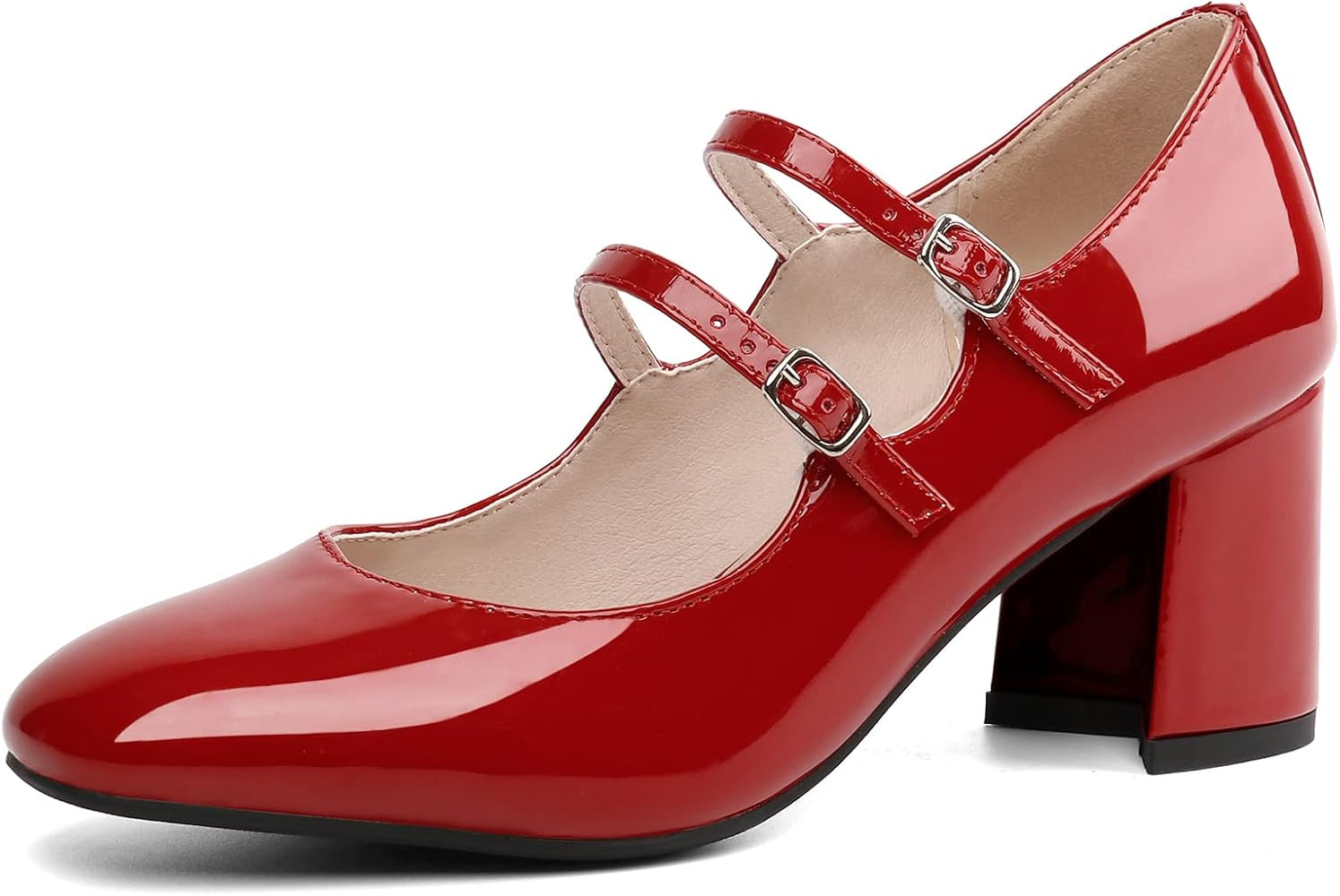 Alsoloveu Women's Mary Jane Shoes Patent Leather Retro Low Chunky Heels Pump Shoes for Women Double Ankle Strap Pumps | Amazon (US)