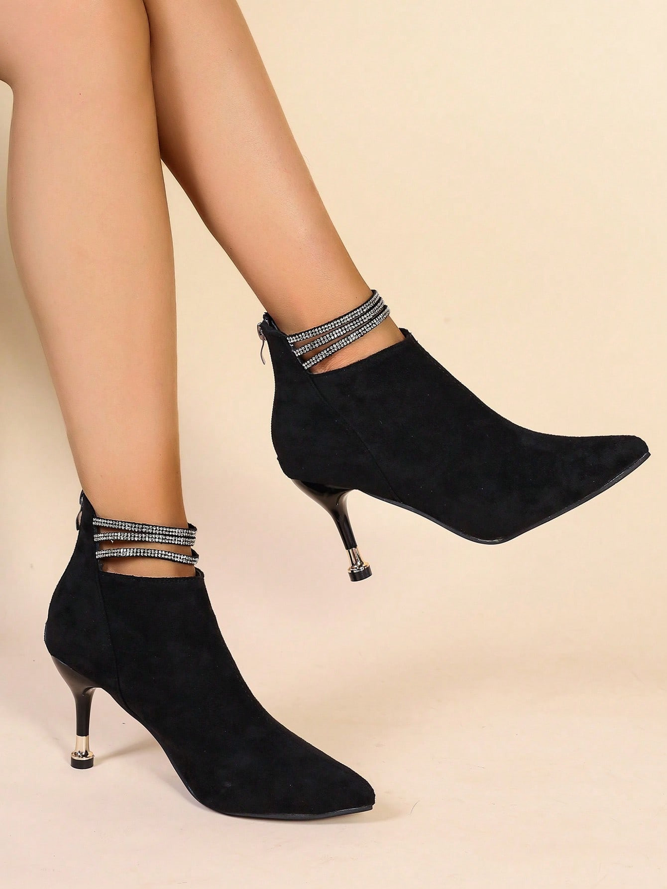Women's Short Boots With Thin Heels, Rhinestone Decorated Straps, Black Pointed Toe, Fashionable,... | SHEIN