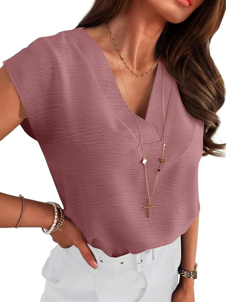 ANRABESS Women Tops Cap Sleeve Dressy Casual V Neck Shirts 2026 Summer Business Work Blouses Outf... | Amazon (US)