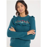 Joanie Clothing Ness Mushroom Embroidered Knitted Jumper-XL (UK 20-22) (Green) | Joanie