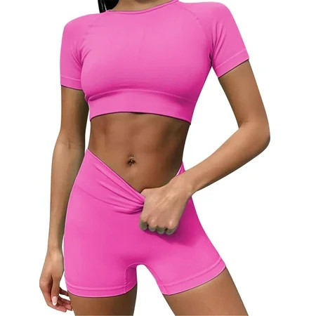 Colisha Womens 2 Piece Workout Sets Crop Short Sleeve Tops High Waist Yoga Shorts Sexy Active Tracks | Walmart (US)