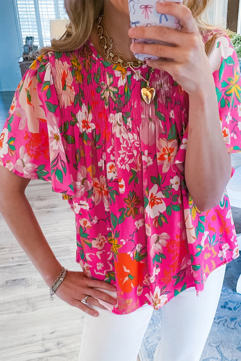 Pink Floral Print Flounce Sleeve Smocked Blouse | Shewin