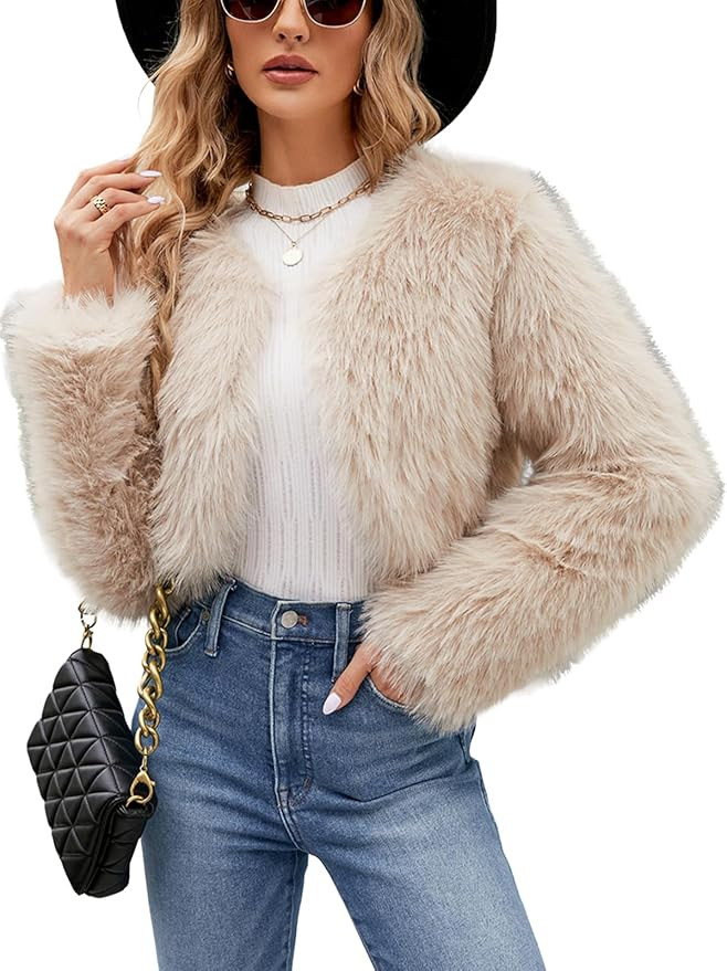 SCOFEEL Women’s Cropped Faux Fur Coat Long Sleeve Open Front Short Jacket Winter Spring Warm Ou... | Amazon (US)