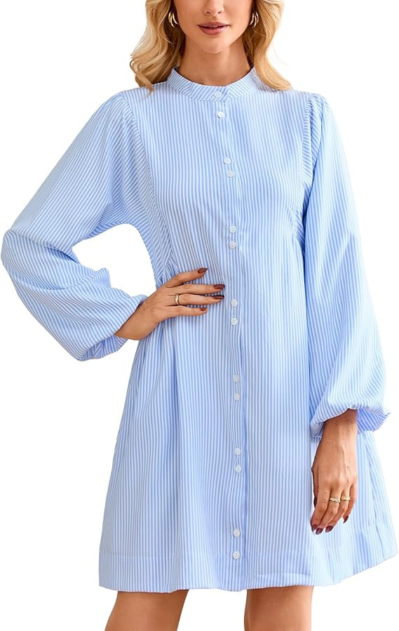Women's Striped Tunic Mini Dress Long Sleeve Button Down Collarless Shirt Dress with Pockets | Amazon (US)