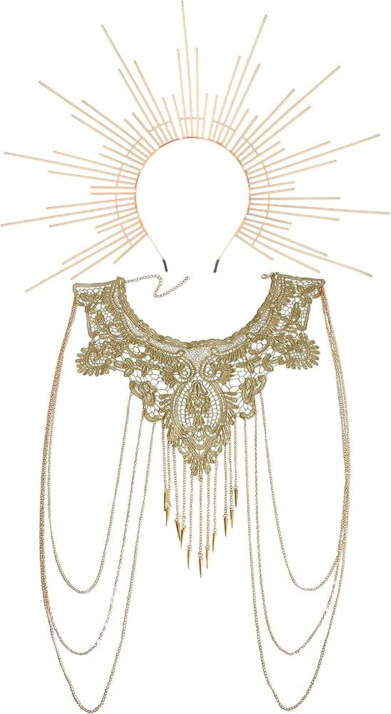 2 Pcs Goddess Costume Accessories Set, Renaissance Gold Sun Spiked Halo Crown with Lace Bikini Bo... | Amazon (US)