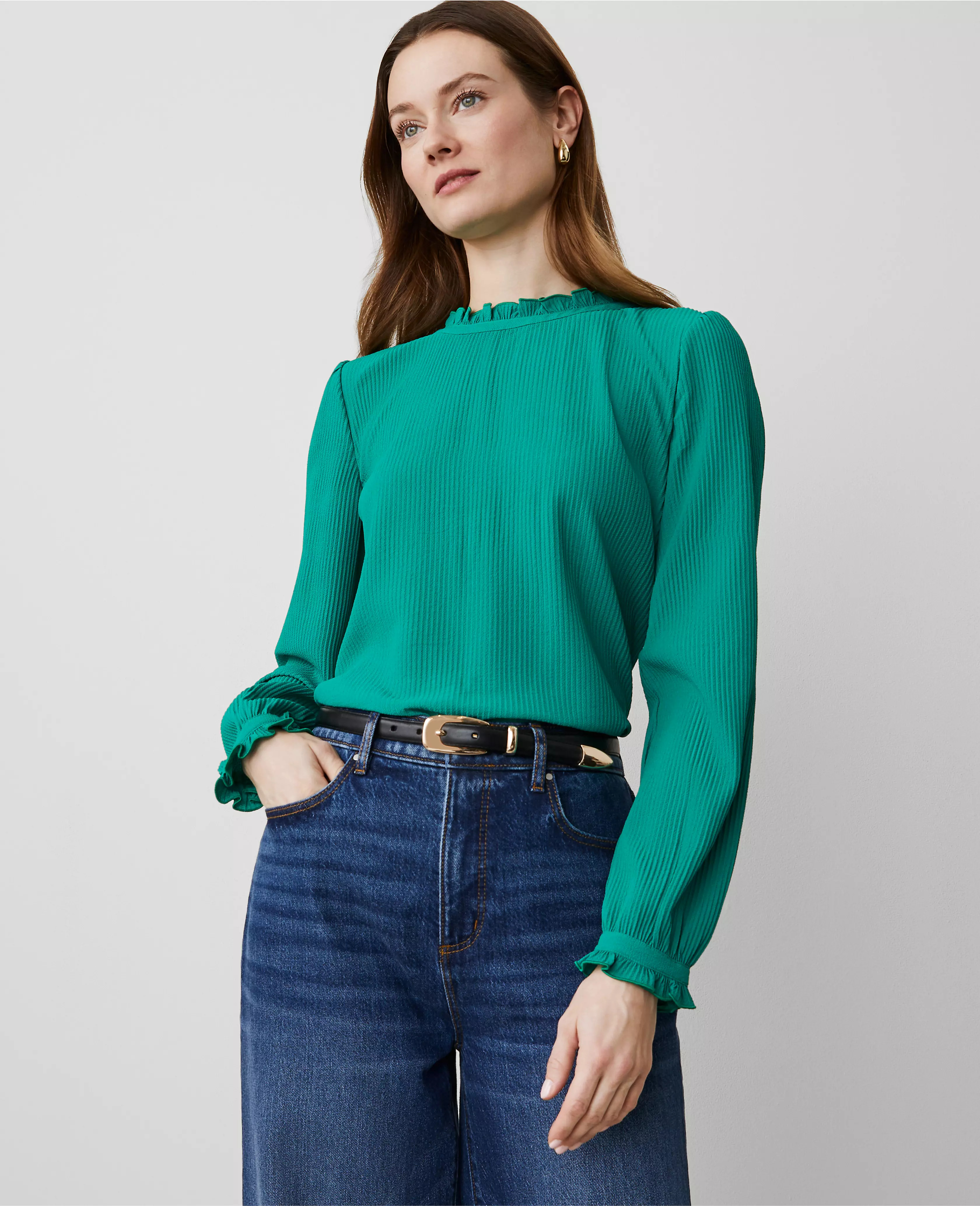 Ruffle Blouson Sleeve Popover | Ann Taylor