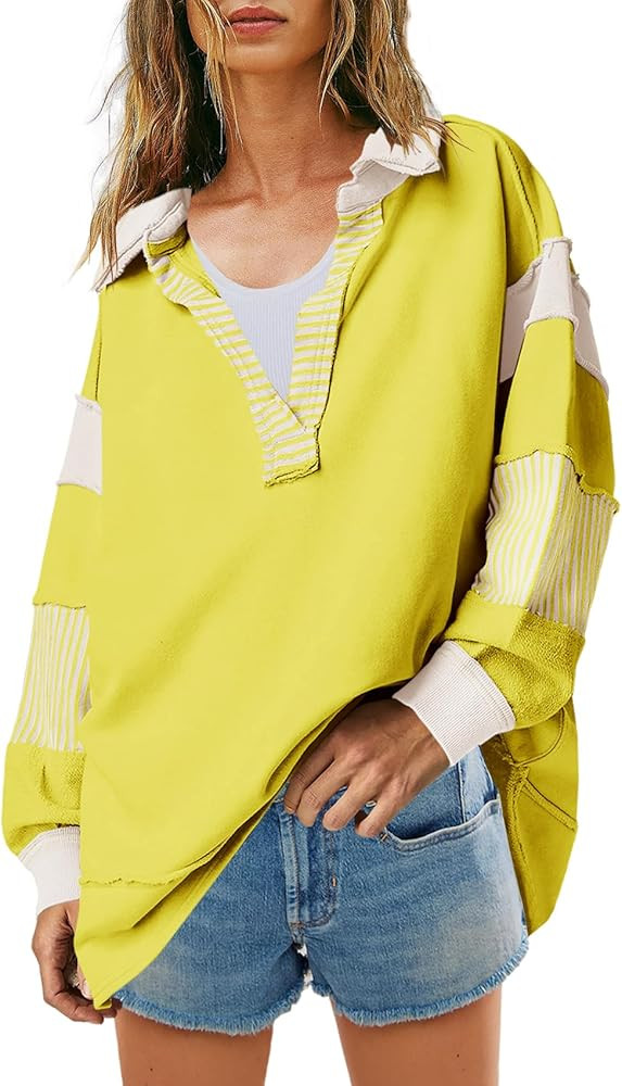SENSERISE Womens Oversized Striped Sweatshirt Casual V Neck Tops Color Block Polo Shirts Long Sle... | Amazon (US)