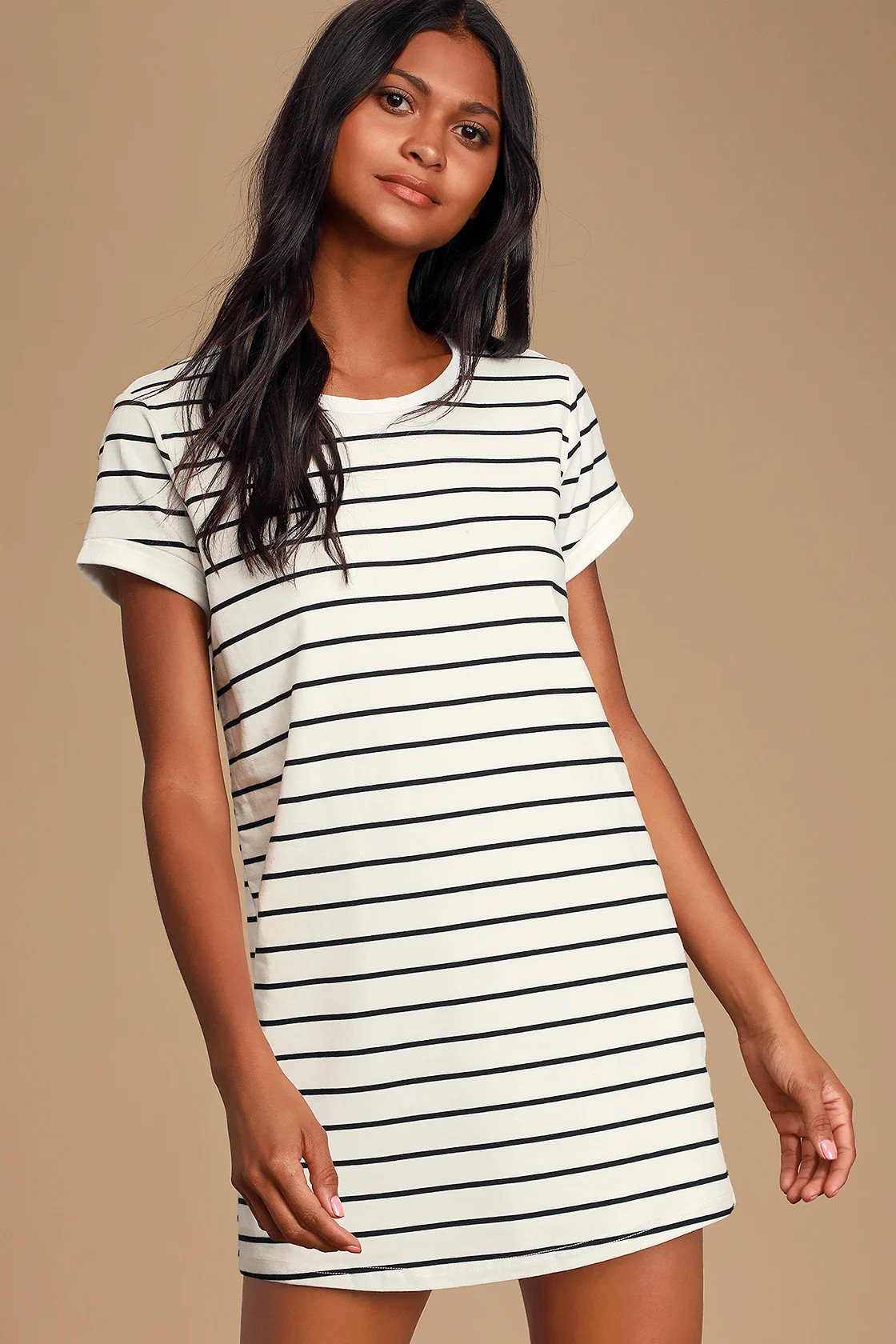 Cafe Society Black and Cream Striped Shirt Dress | Lulus