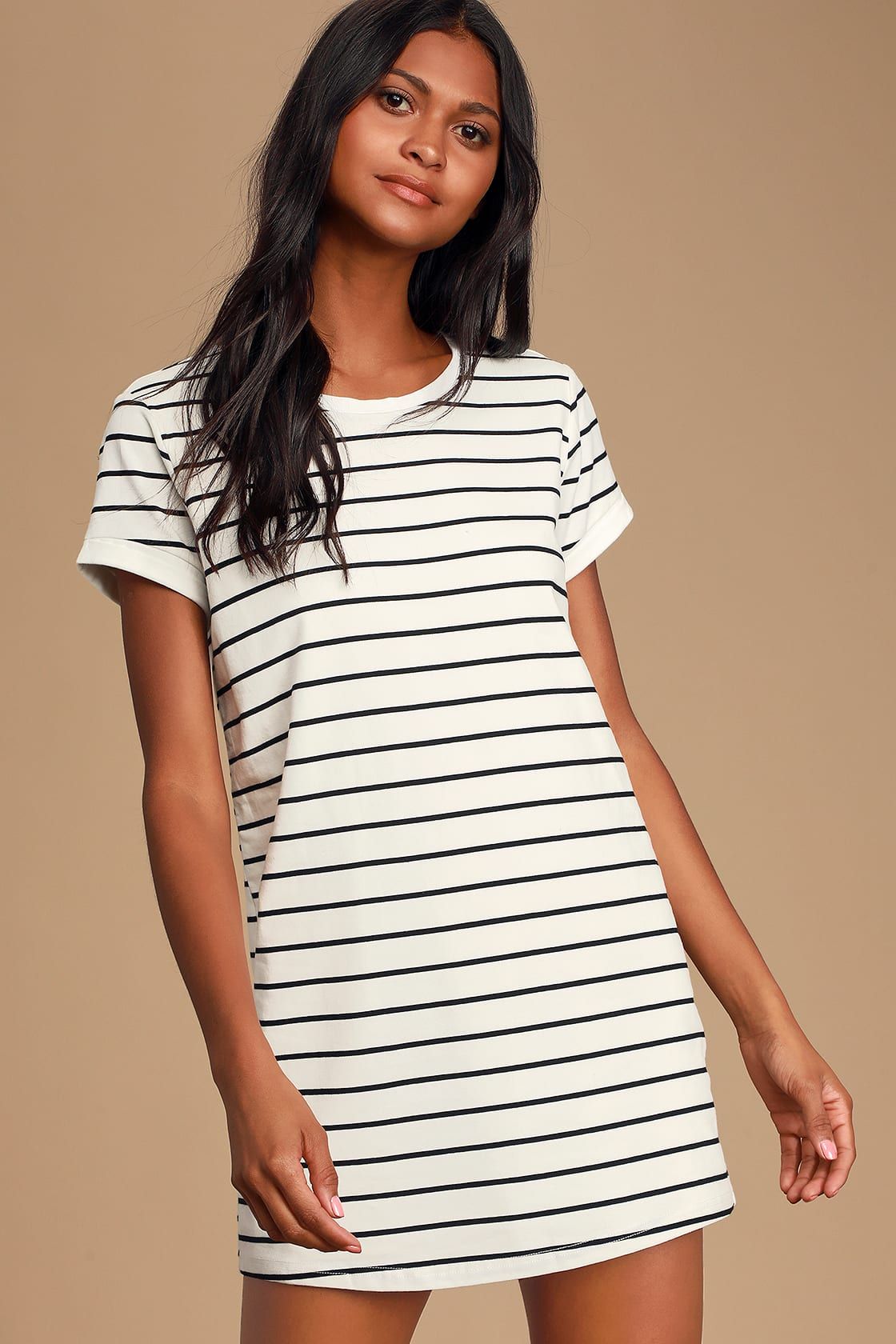 Cafe Society Black and Cream Striped Shirt Dress | Lulus