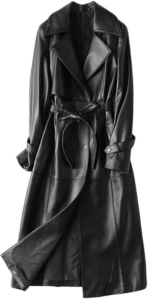 Women's Fine Grain Leather Trench Coat - Ladies Black Lambskin Long Leather Over Coat with Belt | Amazon (US)