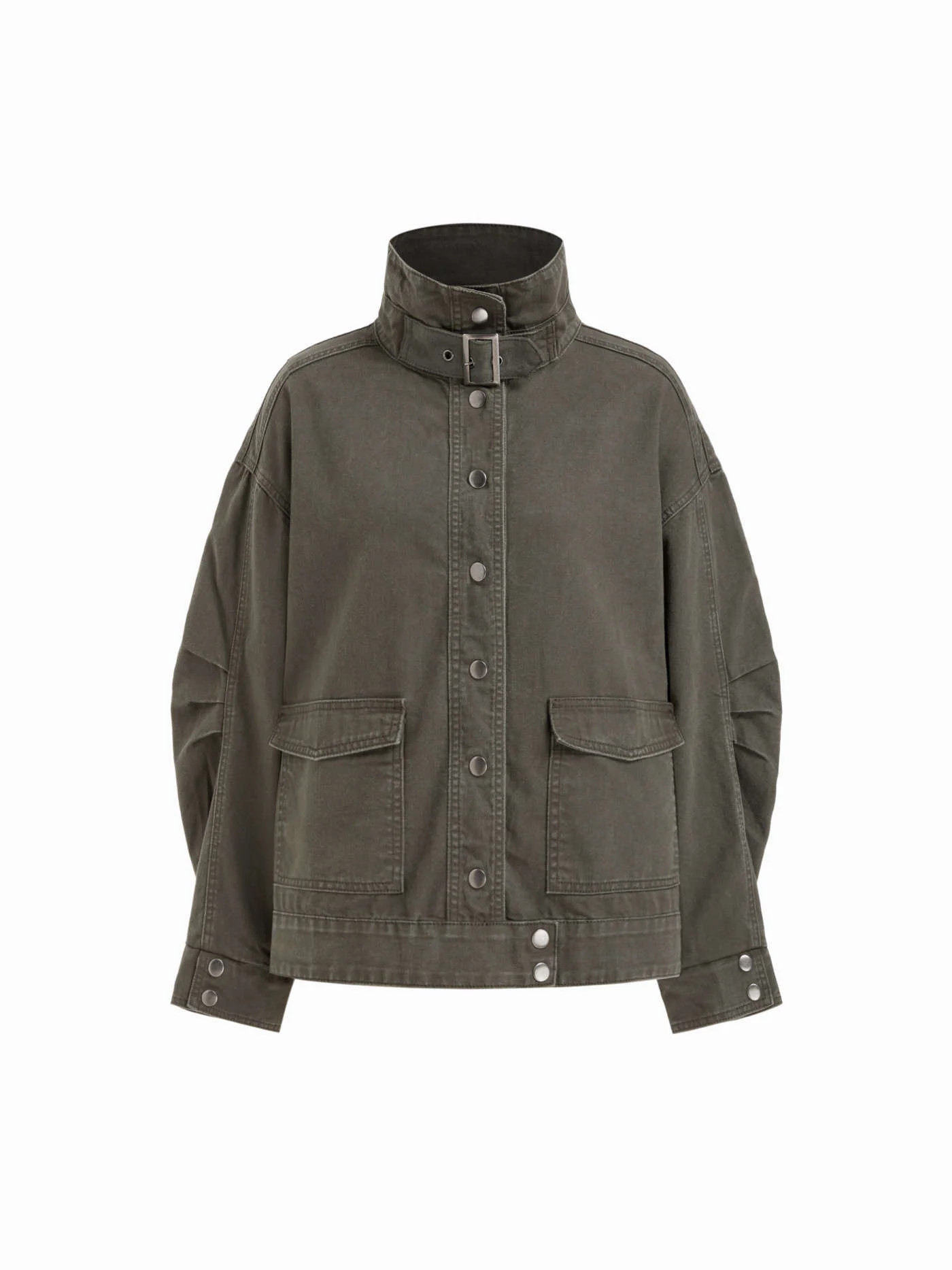 Denim Two Way Denim Funnel Neck Belted Pleated Oversized Jacket For Daily Casual | Cider