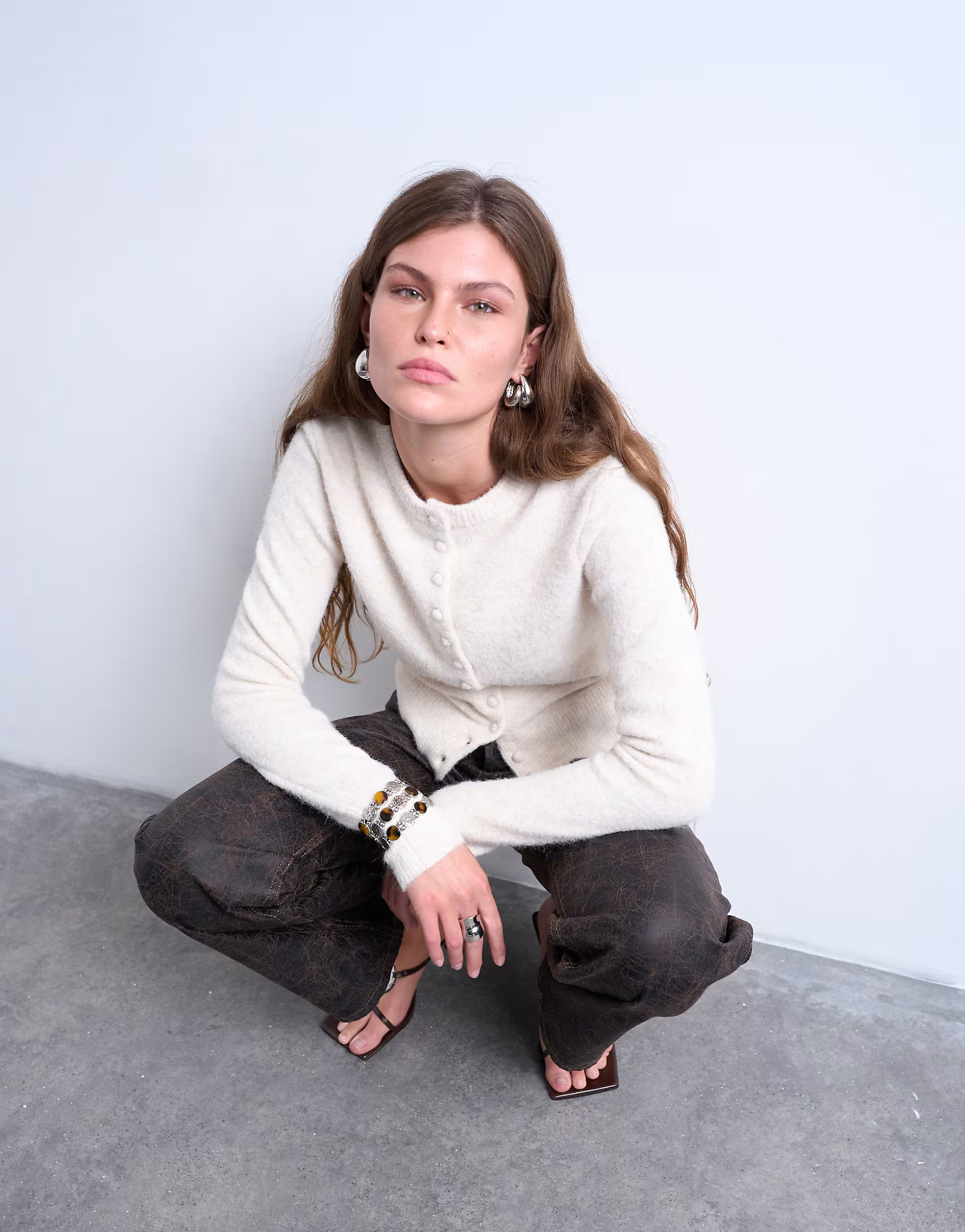 Knitted covered button cardigan in ivory | Topshop