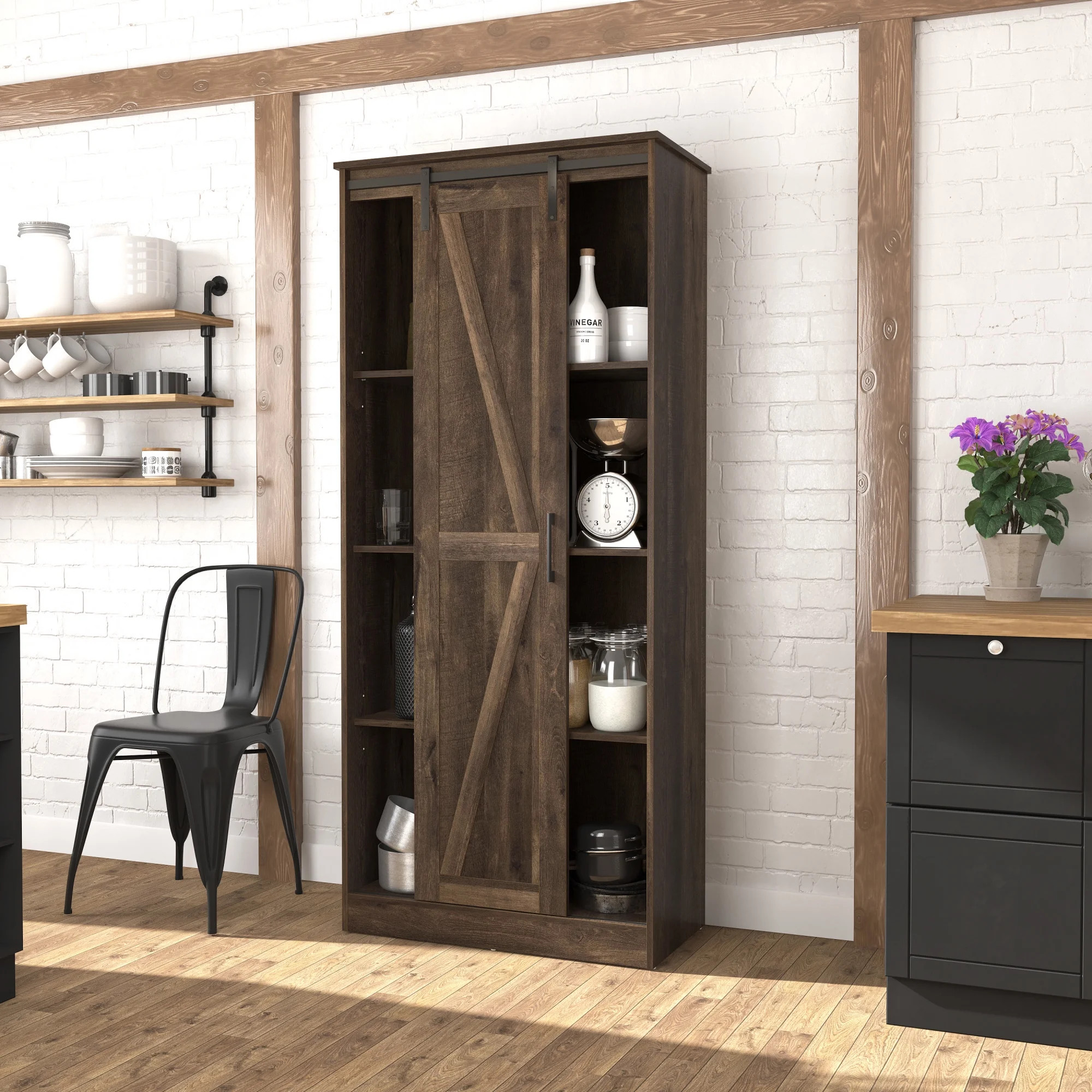 Woven Paths Shelton Wood Kitchen Pantry with 1 Sliding Barn Door, Dusty Oak | Walmart (US)
