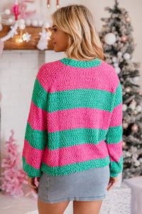 Everything Changes Pink And Green Striped Popcorn Sweater | Pink Lily