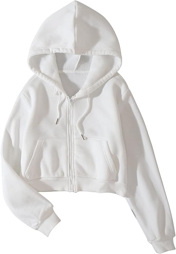 SheIn Women's Crop Zip Up Hoodie Pocket Drawstring Basic Zipper Hooded Sweatshirt | Amazon (US)