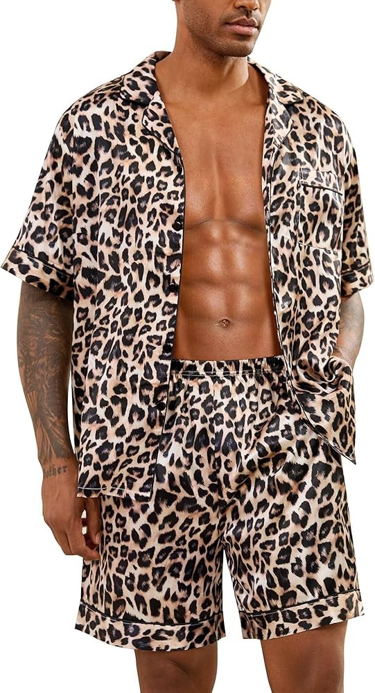 SWOMOG Men Satin Silk Pajamas Sets Short Sleeve Sleepwear Button-Down PJs Sets Two-Pieces Loungew... | Amazon (US)
