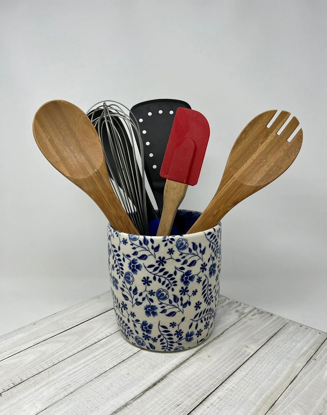 Large stoneware utensil holder with blue flower design for kitchen, hand made, wheel thrown, read... | Etsy (US)