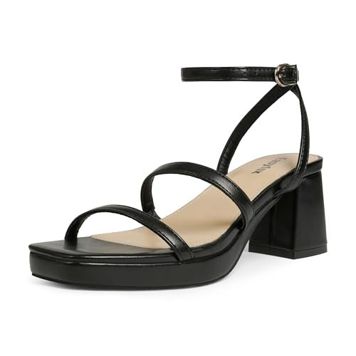 Easyfox Black Platform Sandals for Women Two Strap Black Heels Chunky Platform Heels Square Open Toe Strappy Sandals Block Heel Dance Wedding Sandal Shoes Size 6 | Amazon (US)