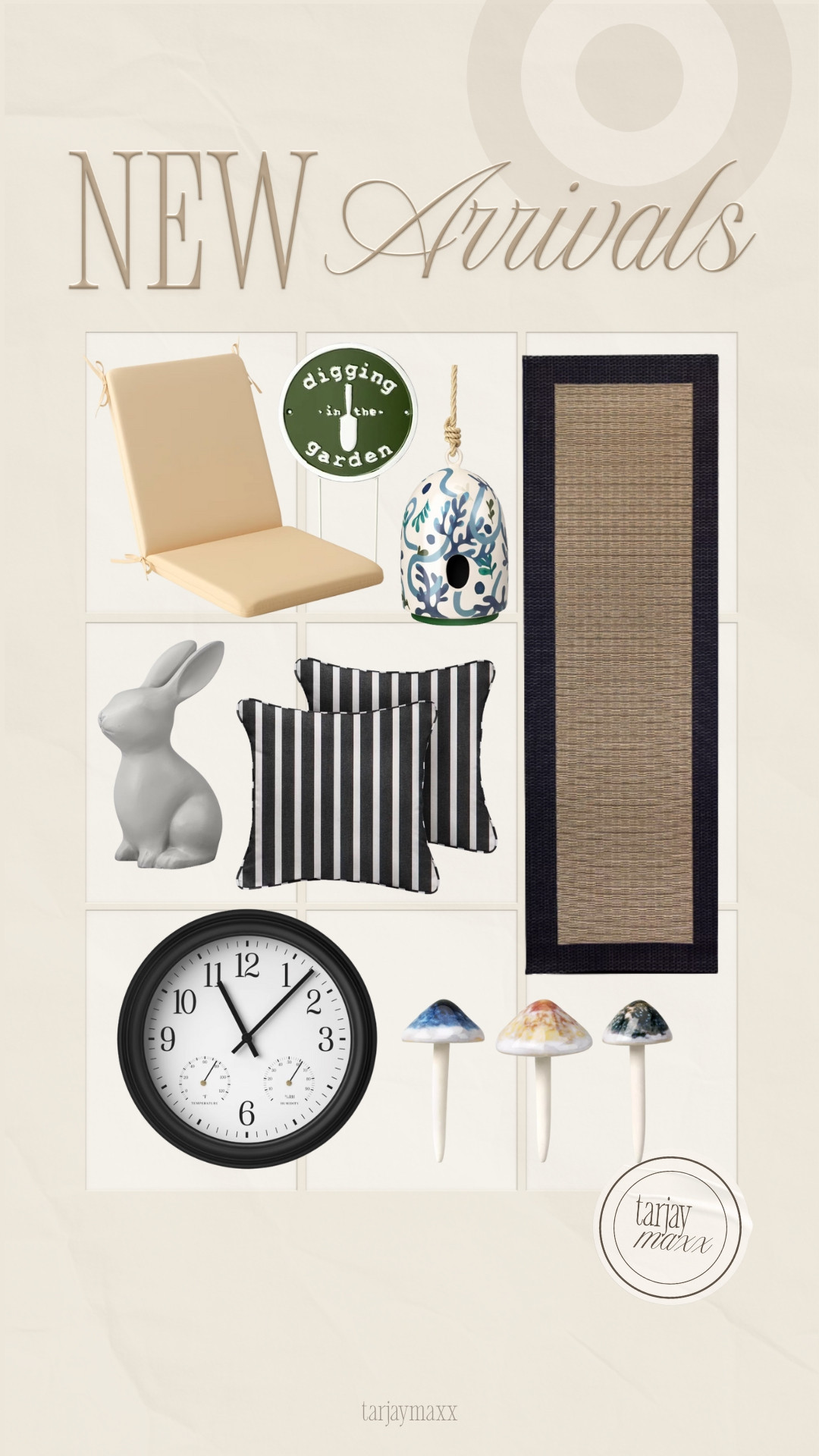 Get your patio ready for sunshine with these fresh outdoor new arrivals from Target! This collection has everything you need to create a cozy and stylish backyard retreat for the warmer months ahead. Start by refreshing your seating with comfortable neutral chair cushions and adding a bold touch with black and white striped outdoor throw pillows. For your garden, these whimsical ceramic mushroom stakes and the adorable bunny figurine add the perfect amount of charm, while the patterned blue and white birdhouse creates a lovely focal point. Keep track of those long summer days with the large outdoor wall clock that includes temperature and humidity gauges, and define your space with a durable natural texture runner rug with a black border. Whether you're planning a full patio makeover or just want a few new accents to brighten up your porch, these pieces make it easy to transition your home outdoors.🍄 ☀️ Target Finds, Target Style, Outdoor Living, Patio Decor, Garden Inspiration, Spring Refresh, Backyard Aesthetic, Outdoor Oasis, Target Haul, LTKhome, bedroom refresh, bella stretch wide leg jeans, date night outfits, patterned tights, women's effortless pull-on pants - a new day, valentines decor, cabbage, signature scent, valentines outfit women, pegasus premium running shoe.

#LTKNYFW #LTKdayinmylife #LTKValentine