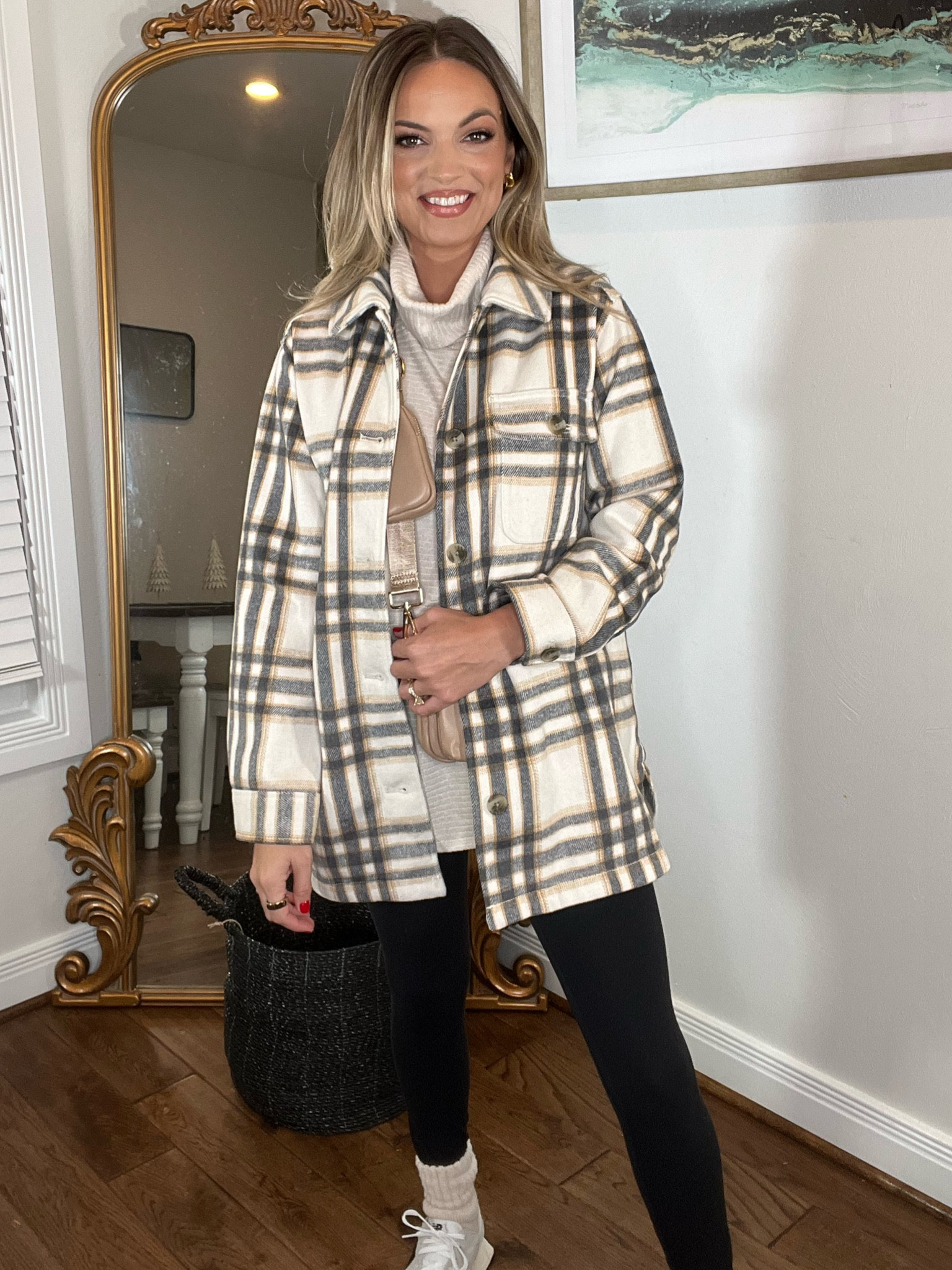 Casual leggings outfit 
Old navy plaid shacket size small 
Walmart tunic size medium 
Amazon leggings size small
New balance 327 tts 

#LTKfindsunder50 #LTKfindsunder100 #LTKsalealert