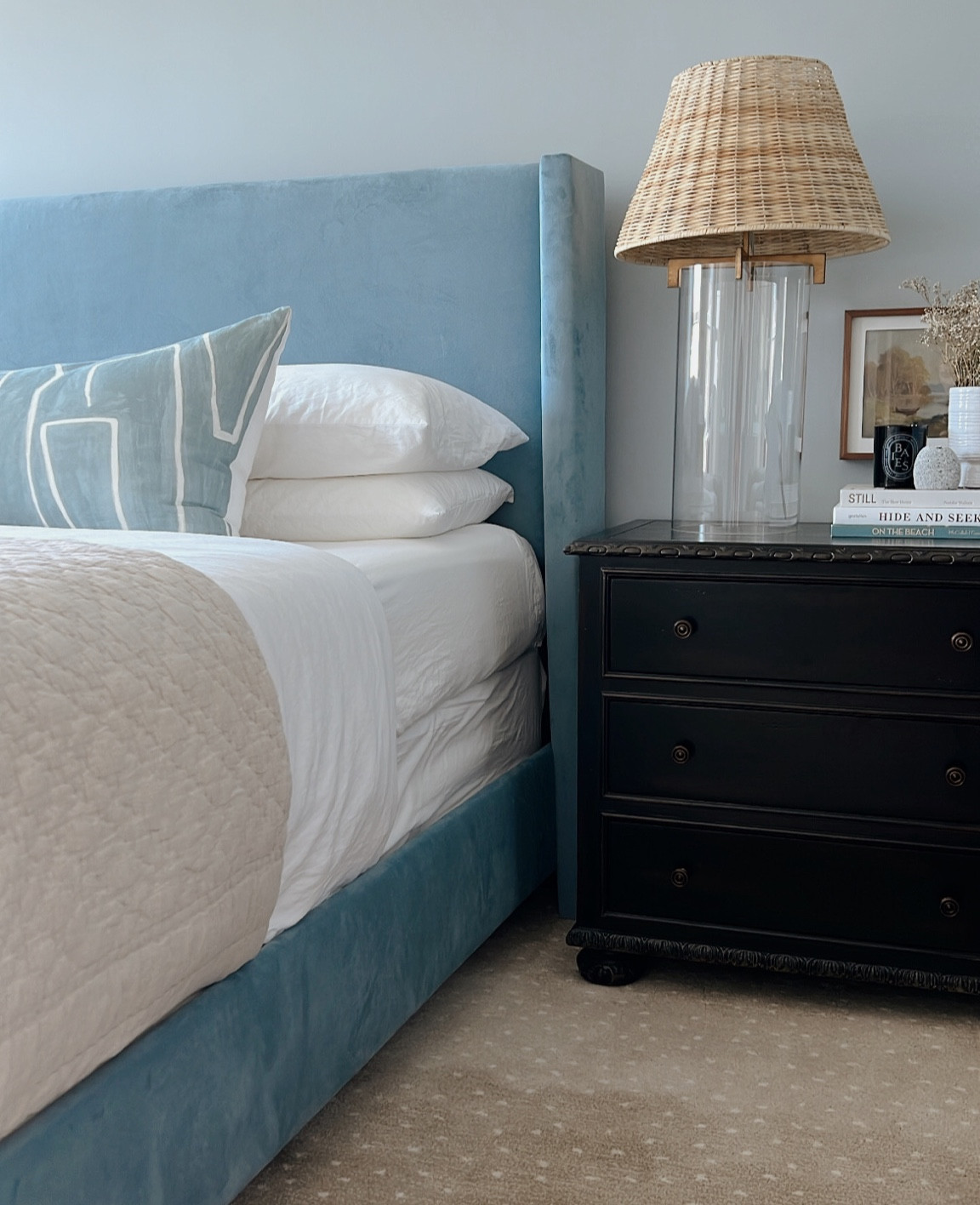 Shop my bedroom here! The best sleeping pillows, parcel sheets and linen duvet, table lamp with a woven shade, chest of drawers, wool rug, and a custom blue king bed! 

#LTKsalealert #LTKhome #LTKunder100