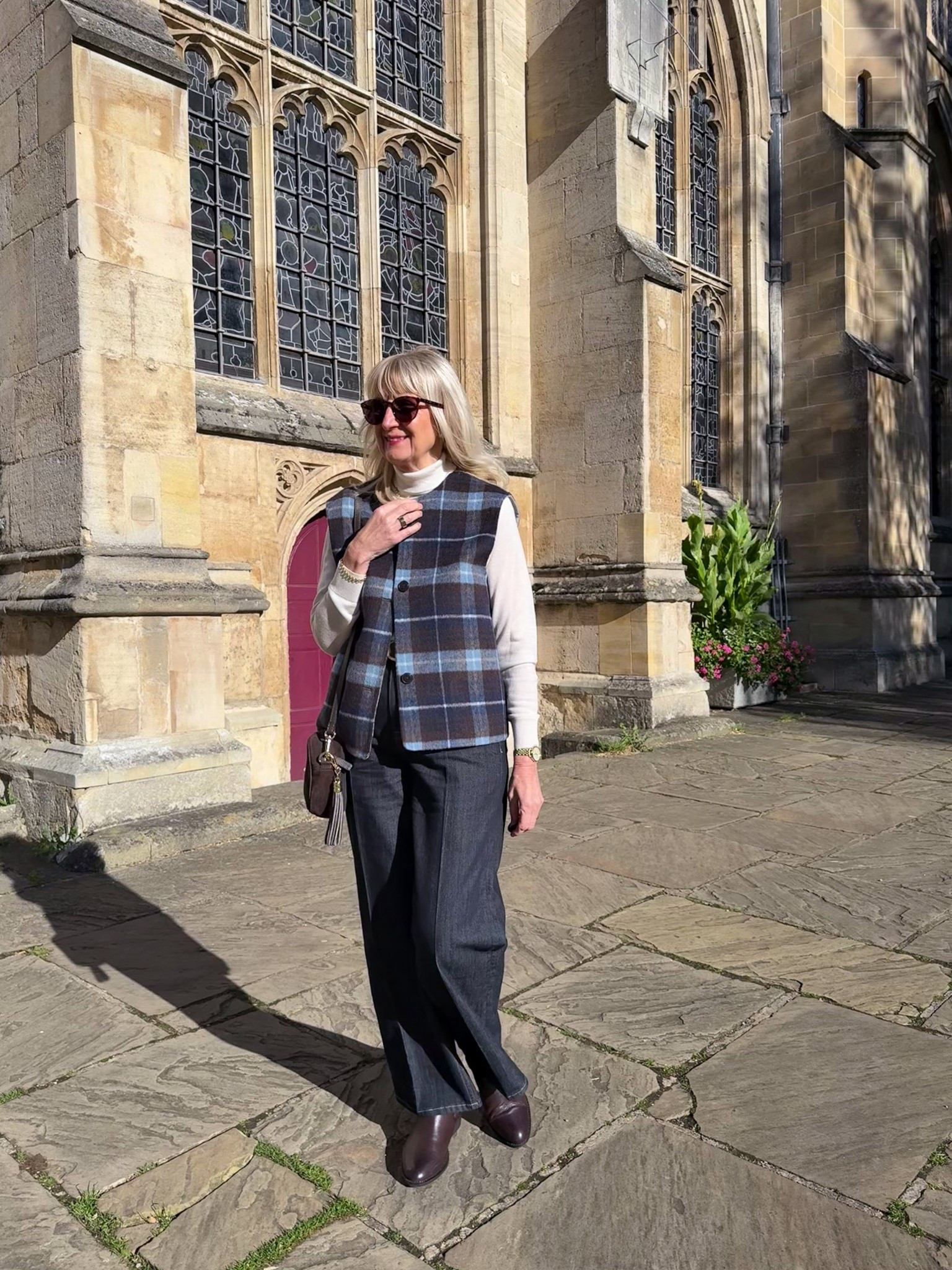 Autumn/ fall outfit. 
Tartan gilet with merino wool roll neck jumper, dark denim wide leg jeans & brown accessories 


#LTKeurope #LTKautumn #LTKjeans
