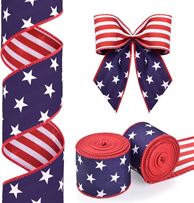 2 Rolls Patriotic Wired Edge Ribbon Stars and Stripes Reversible Ribbons Red White Blue Decorativ... | Amazon (US)
