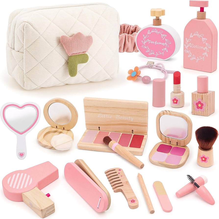 Wooden Makeup Toy Set for Girls Pretend Play Makeup Kit for Toddlers 3-5 with Bag, Birthday Gifts... | Amazon (US)