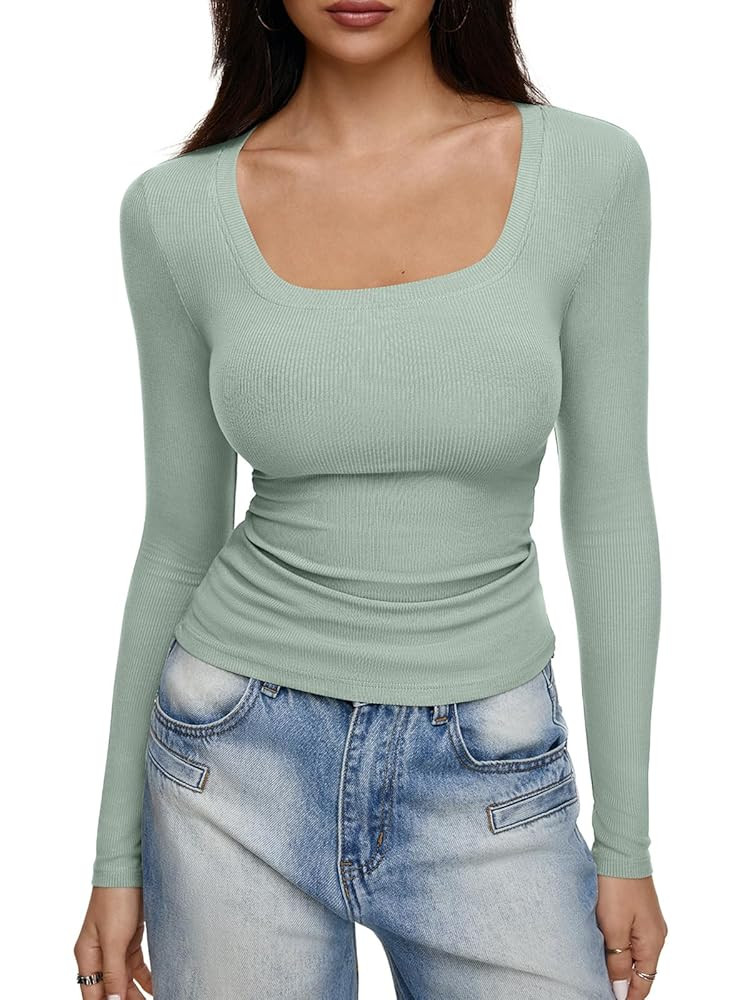 REORIA Long Sleeve Shirts for Women Scoop Neck Going Out Slim Basic Tshirts 2025 Trendy Tops Ribb... | Amazon (US)