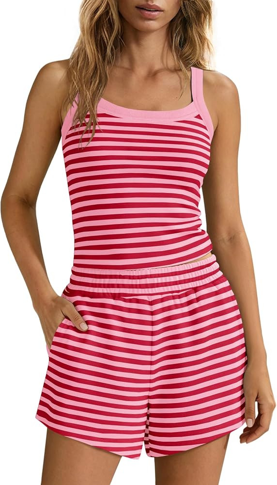 Yanekop Womens Striped Lounge Set 2 Piece Short Sets Matching Pajamas | Amazon (US)