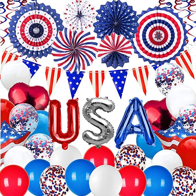 4th of July Party Decorations 38PCS Red White Blue Party Decorations with Paper Fans,USA Flag Pen... | Amazon (US)