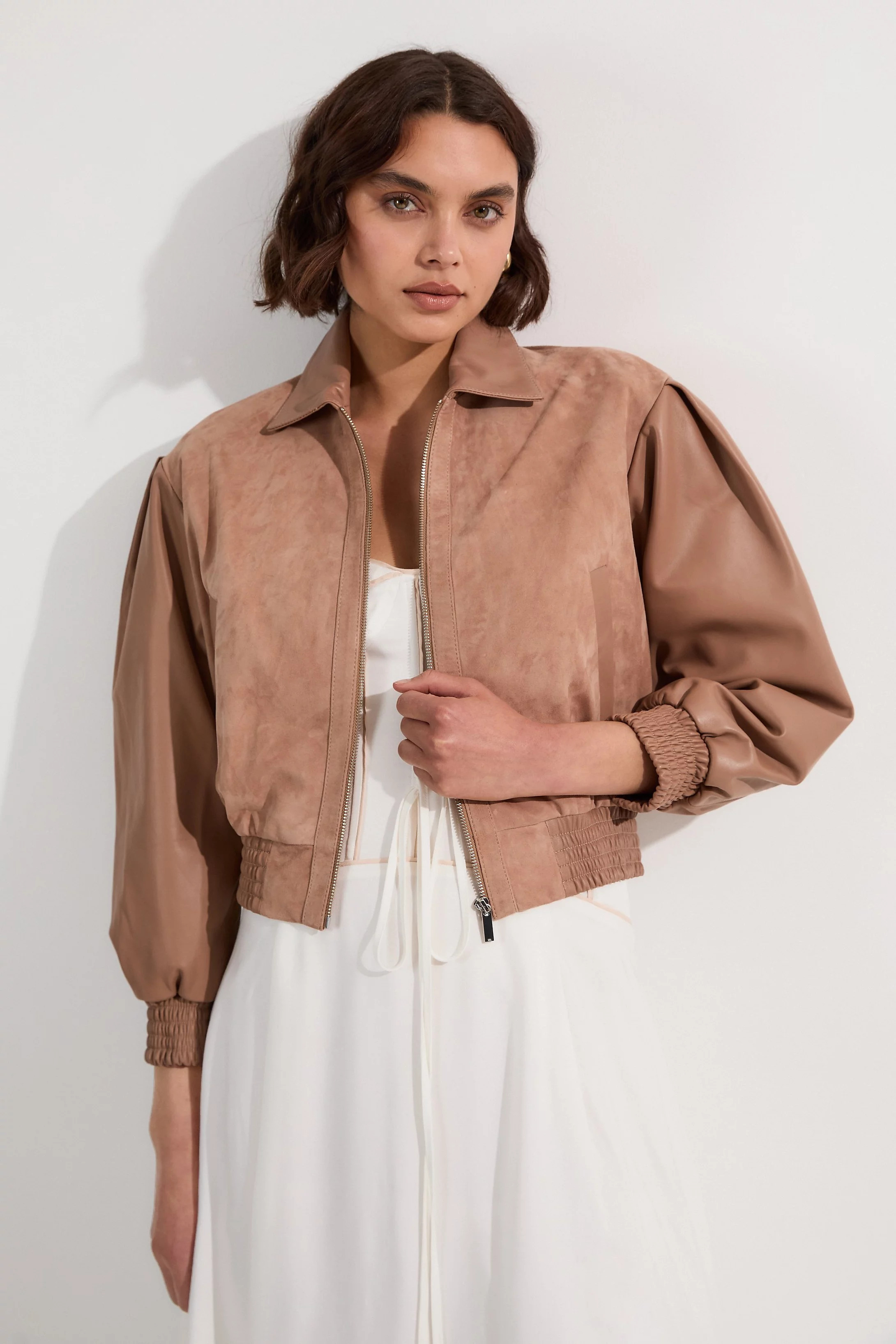 Suede & Leather Mix Bomber Jacket | Karen Millen UK + IE + DE + NL