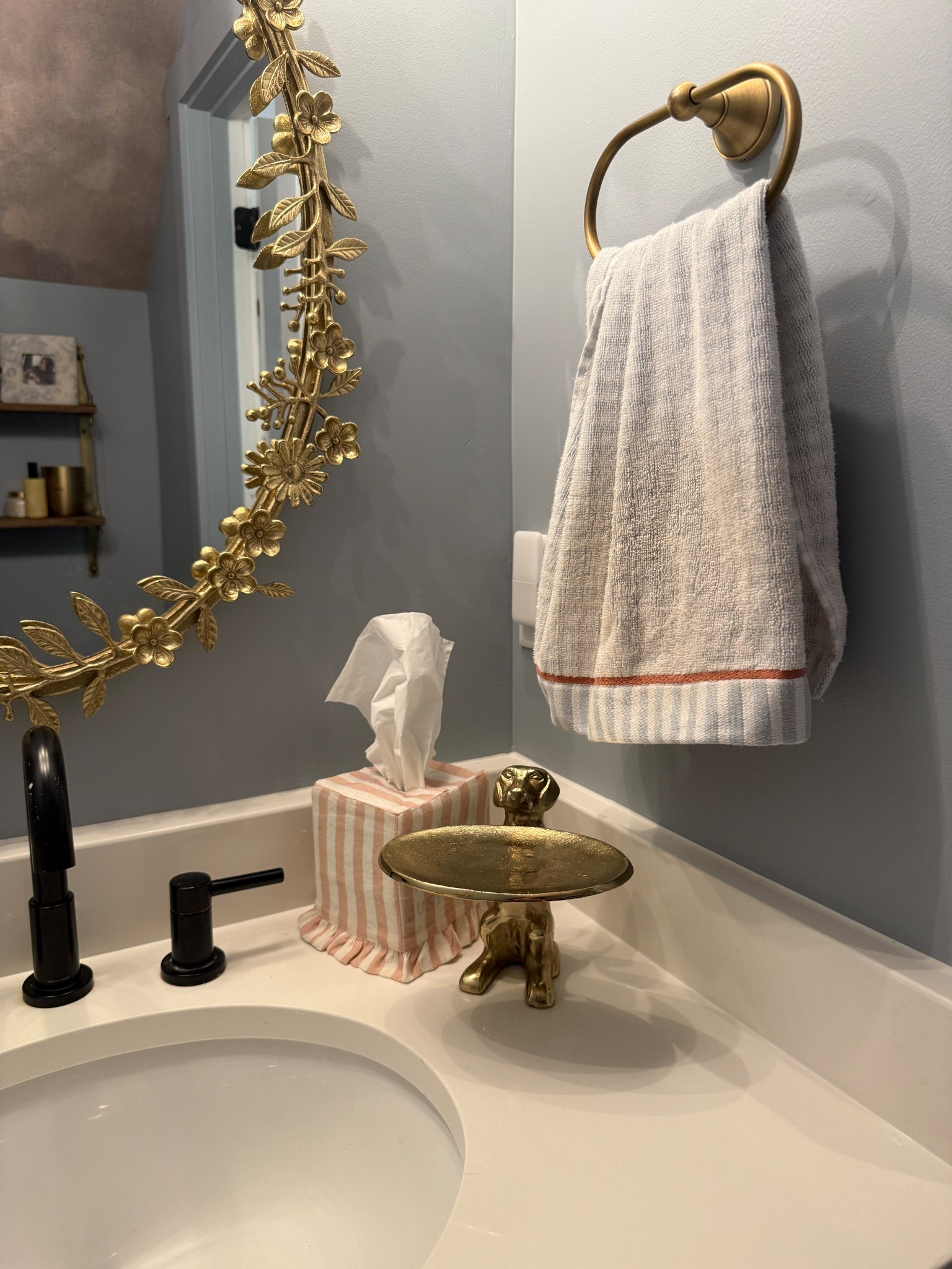 The guest bath gets bougier by the day. I found this good boy dog butler at home goods and am debating what to put on it. The striped linen tissue box cover is linked (they have a really cool teal and cream option too) as well as the gingham hand towel from Target :) 

#LTKGiftGuide 

#LTKFindsUnder50 #LTKHome