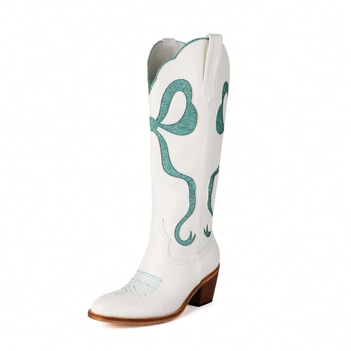 Women's White Cowgirl Boots With Glitter Bow Knee High Cowboy Boots Almond Round Toe Chunky Heel ... | SHEIN