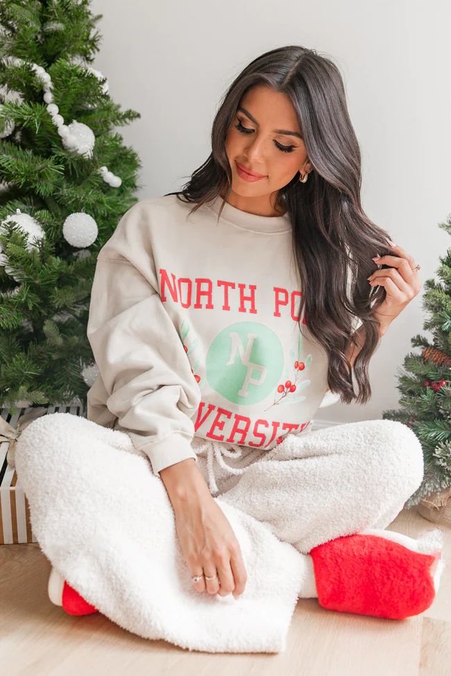 North Pole University Ivory Oversized Graphic Sweatshirt | Pink Lily