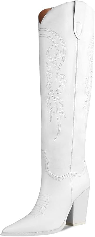 ISNOM Women's Western Boots Knee High Boots, Cowboy Cowgirl Embroidered Chunky Block Heel Pointed... | Amazon (US)