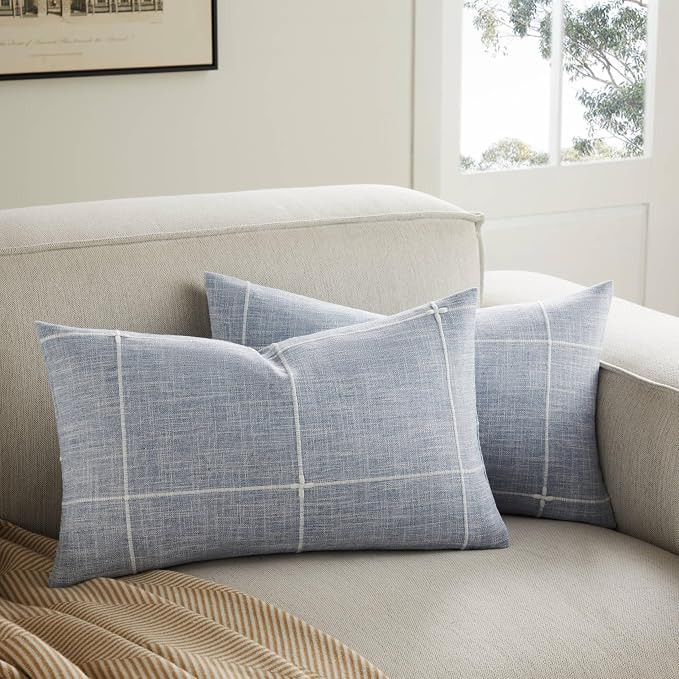 2 Packs Grid Embroidery Lumbar Throw Pillow Covers, 12x20 Inch Blue, Farmhouse Linen Decorative D... | Amazon (US)