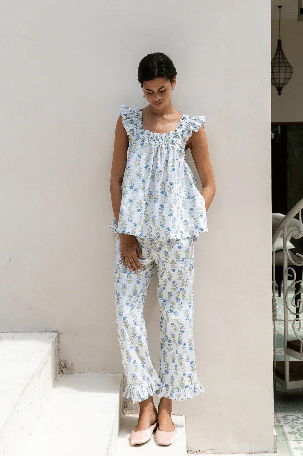 Nicolette Sleep Set - Pants - Cotton - Lotus Flower - Blue | Piyama US