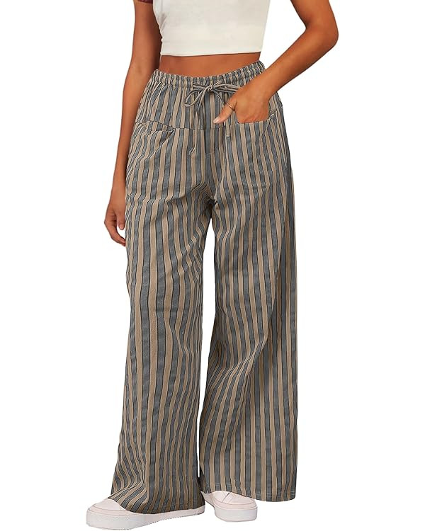 Acelitt Women Casual Drawstring Elastic Waist Loose Wide Leg Striped Pants with Pockets, S-XXL | Amazon (US)