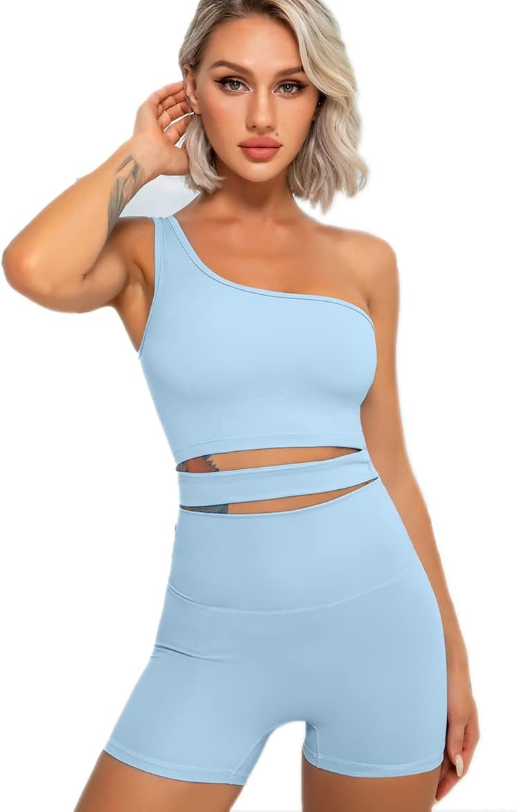 QINSEN 2 Piece Workout Outfits for Women One Shoulder Coutout Sport Bra High Waist Yoga Shorts Se... | Amazon (US)