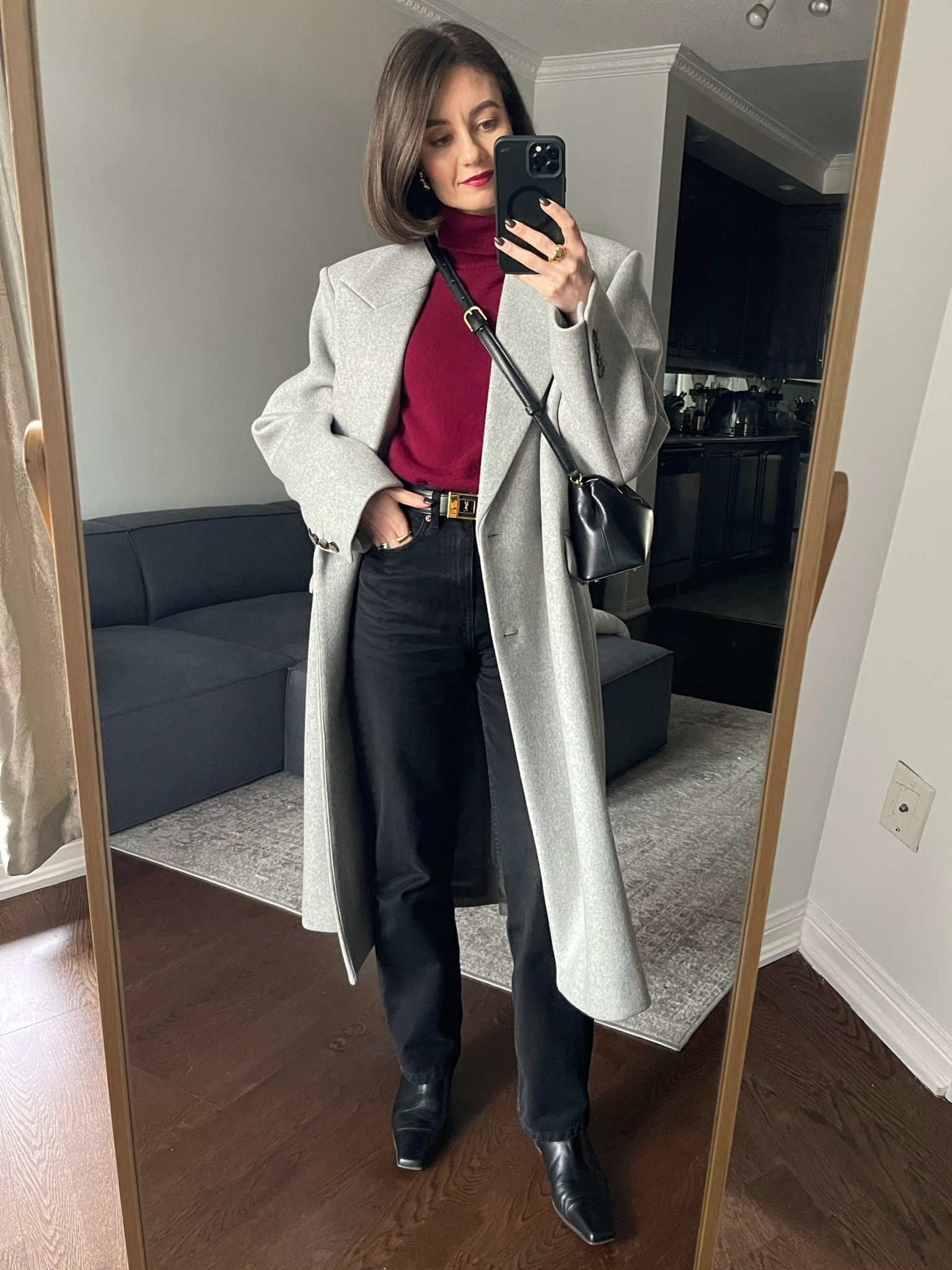Burgundy turtleneck, grey coat, black jeans, ankle boots

#LTKHoliday #LTKStyleTip #LTKSeasonal