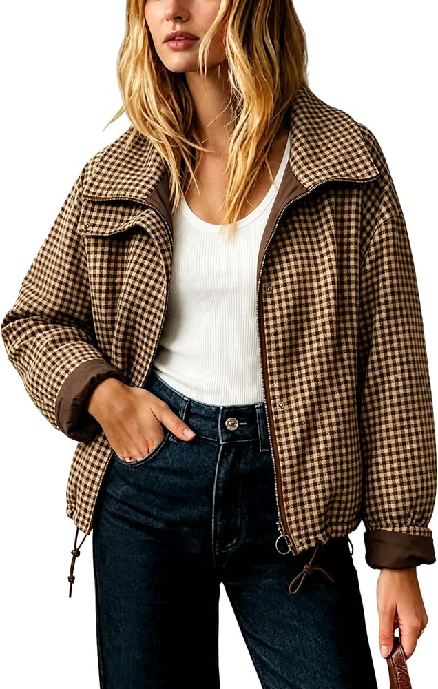 Womens Plaid Jacket Casual Lightweight Lapel Collar Trench Coat     Loose Bomber Jacket with Pock... | Amazon (US)