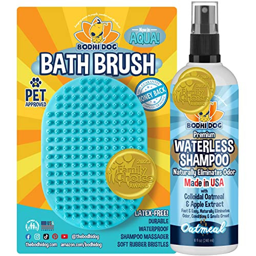 Bodhi Dog Hair Brush & Shampoo Bundle - Rubber Grooming Brush for Cats & Dogs - Gentle Scrubber for Long & Short Hair - Waterless Shampoo for Sensitive Skin & Bath Brush Set (Aqua) | Amazon (US)