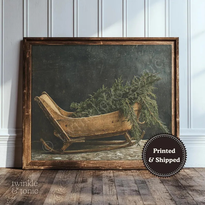 Christmas Sled Painting, Rustic Farmhouse Wall Art, Moody Holiday Print, Antique Neutral Decor, V... | Etsy (US)