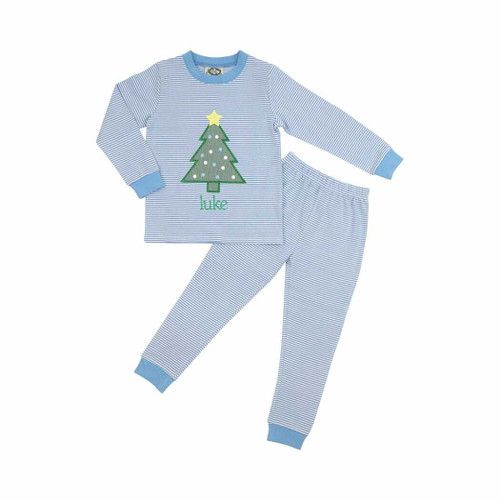 Blue Mini Stripe Christmas Tree Pajamas - Shipping Late November | Cecil and Lou