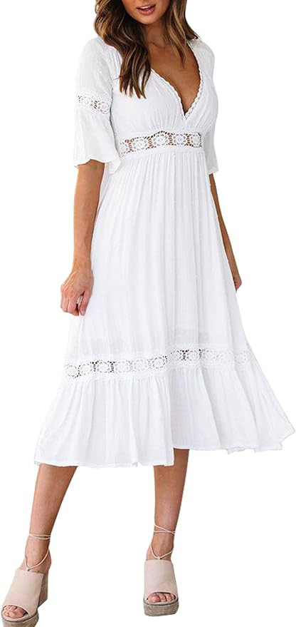 loveimgs Women's Sexy Deep V Neck 1/2 Bell Sleeve Lace Flowy Party Long Beach Dress | Amazon (US)